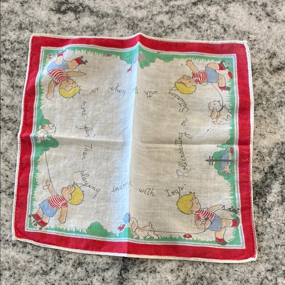 Vintage Children’s Illustration Handkerchief with Red Border!